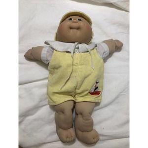 Vintage 1982 Cabbage Patch Preemie Doll Green Eyes Bald COLECO Yellow Overalls